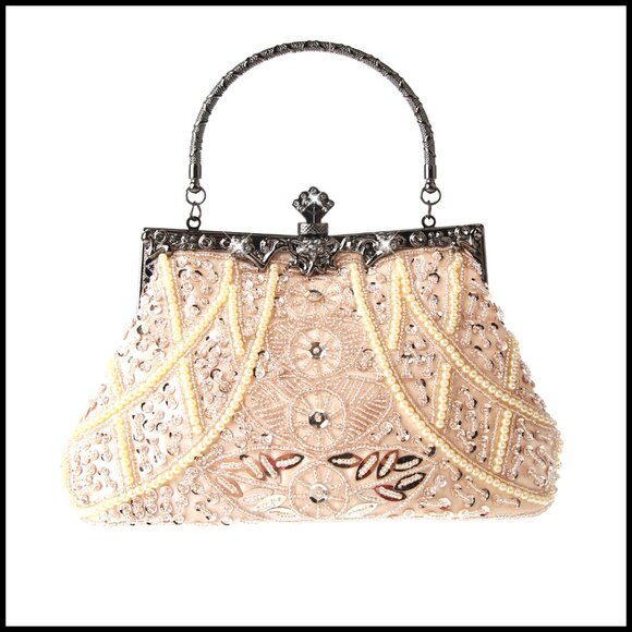 Vintage Floral Beaded Rhinestone Sequin Clutch Crossbody Evening Bag Elegant